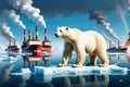 Fragile Balance: Polar Bear on a Shrinking Ice Cap in the Middle of the Ocean - Distant Industrial Chimneys Echoing the Impact