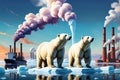 Fragile Balance: Polar Bear on a Shrinking Ice Cap in the Middle of the Ocean - Distant Industrial Chimneys Echoing the Impact