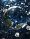 The fragile blue planet Earth, shattered glass lost in the deep dark blue color of the Cosmos, among large white fragments