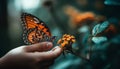 The fragile butterfly vibrant wings touched the human hand gently generated by AI