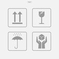 Fragile care box sign and symbol. Cardboard packaging icon set for safety delivery. Vector