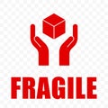 Fragile icon, handle with care logistics shipping. Fragile package delivery, hands and box warning vector sign, isolated Royalty Free Stock Photo