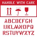 Fragile, keep dry, top cargo cardboard box icon stamp set and label font for logistics transport tag