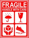 Fragile package icons set, handle with care logistics and delivery shipping labels