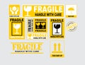 Fragile or Package Label stickers set in black and yellow color. Royalty Free Stock Photo