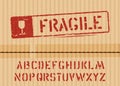 Fragile sign on cargo grunge cardboard box background with font for logistics or packaging. Vector illustration
