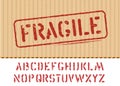 Fragile vector sign on cargo grunge cardboard box textured background and font for logistics