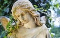 A fragment of ancient sculpture angel in a golden glow in the old cemetery. Royalty Free Stock Photo