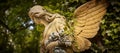 A fragment of ancient sculpture angel in a golden glow in the old cemetery.