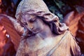 A fragment of ancient sculpture angel in a golden glow in the old cemetery. Symbol of love, invisible forces, purity, Royalty Free Stock Photo