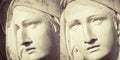 Fragment of ancient statue of Virgin Mary in profile and statue in face. Religion, faith, Christianity concept Royalty Free Stock Photo