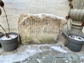 Moscow, Russia, December, 04, 2022. Fragment ancient stone slab with an inscription near the wall of the Church of the Assumption Royalty Free Stock Photo