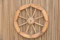 Fragment of an ancient wall with a blue door, an old wooden wheel and a drainpipe Royalty Free Stock Photo