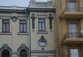 A fragment of the architectural design of the facade in the style of the Northern Art Nouveau in the city center