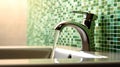 Bathroom design fragment, water faucet and ceramic tiles, green color, close-up, Generated AI