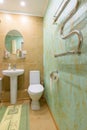 Fragment of the bathroom interior, view of the toilet and washbasin, a heated towel rail is installed on the wall