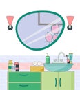 Fragment of a bathroom with a washbasin and a mirror. Cosmetics - gel, toothpaste and toothbrushes, hand towels. Royalty Free Stock Photo