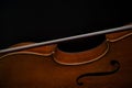 Fragment of a beautiful cello or violin with a bow on a black background