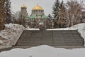 Fragment of the beautiful Eastern Orthodox Cathedral `St. Alexander Nevsky` in winter, built in 1882 year Royalty Free Stock Photo