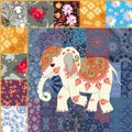 Fragment for blanket in patchwork style with cute cartoon little indian elephant in vector. Ethnic motives