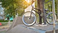 BMX biker in the extreme skating park. Royalty Free Stock Photo