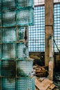 Fragment of broken wall from glass blocks in abandoned industrial building Royalty Free Stock Photo