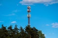 A fragment of a cell tower close-up against the blue sky.Modern telecommunication equipment.4G networks