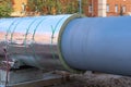 A fragment of a city central heating pipe with thermal or heat insulation. The large diameter city heating pipe. The new