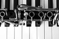 Fragment of the clarinet on the keyboard of the piano Royalty Free Stock Photo