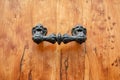 Fragment of classic wood front door with figured decorative door handle