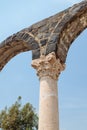 Fragment of a column in ruins of Kursi - a large Byzantine 8th-century monastery on the shores of Lake Tiberias, on the Golan Heig
