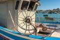 Malta, Marsaxlokk, August 2019. Nets extraction device on the bow of a fishing boat.