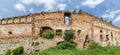 Fragment of defense stone and brick wall of mediaeval castle