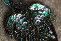 Fragment or detail or part of handmade brooch in shape of wild bird with glass beads and sequins of black and green, violet, blac