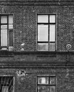 Fragment of the facade of an old brick building. High Windows and textured materials. Black and white Royalty Free Stock Photo