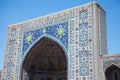 Fragment of the facade of the Tillya-Kari Madrasah, decorated with mosaics, on Registan Square in Smarkand in Uzbekistan. 29.04.19