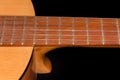 Part of acoustic guitar fingerboard close-up in selective focus Royalty Free Stock Photo