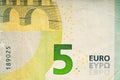 fragment of five Euro bill. 5 euro banknote. The euro is the official currency of the European Union Royalty Free Stock Photo