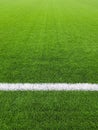 A fragment of a football field with an artificial grass with a drawn white line
