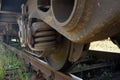 Fragment of a freight train chassis. Wheels, brakes, rails