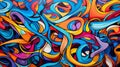 Fragment of graffiti drawings in blue, yellow pink, orange, white, black colors. Building wall decorated with paint Royalty Free Stock Photo