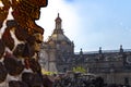 Fragment Of Greater Temple Templo Mayor With Mexico City Cathedral. Detail Of Ancient Aztec Ruins. Travel