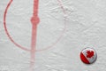 Fragment of the hockey arena with markings and the Canadian puck