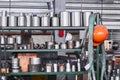 Fragment of industrial interior with a storage of metal products and tools in the workshop Royalty Free Stock Photo