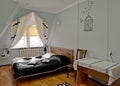 Fragment of an interior of the hotel room in light tones with a double bed