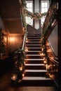 Interior of large house with dark wooden staircase decorated for Christmas, mirror, lamp, windows.