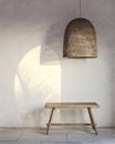 Fragment of an interior with a wicker lampshade and a wooden bench with incident light. 3d rendering