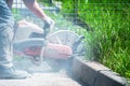 Fragment of a joint cutter on a brushed concrete surface Royalty Free Stock Photo