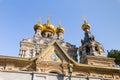 Fragment of the main facade with golden domes of Church of Mary Magdalene in Jerusalem, Israel