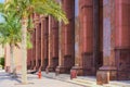 Fragment of majestic marble facade with columns and huge arched windows in luxury Emirates Palace hotel